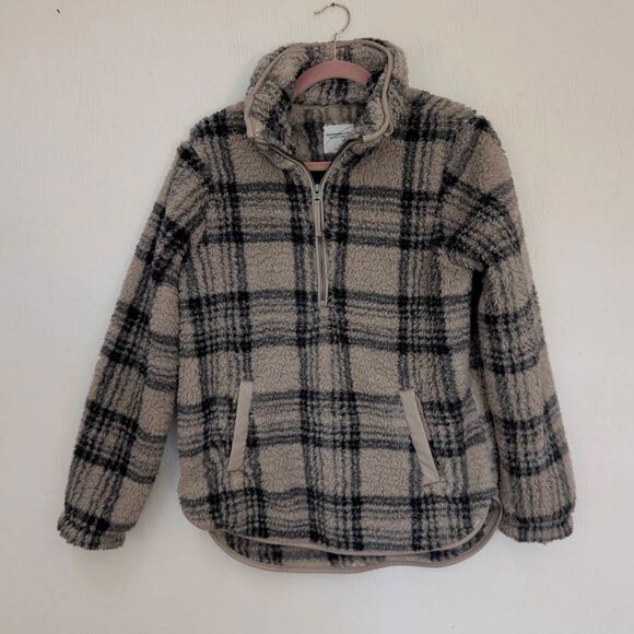 Abercrombie & Fitch Sherpa Fleece 1/4 Zip Tan Plaid Size S - Picture 1 of 5